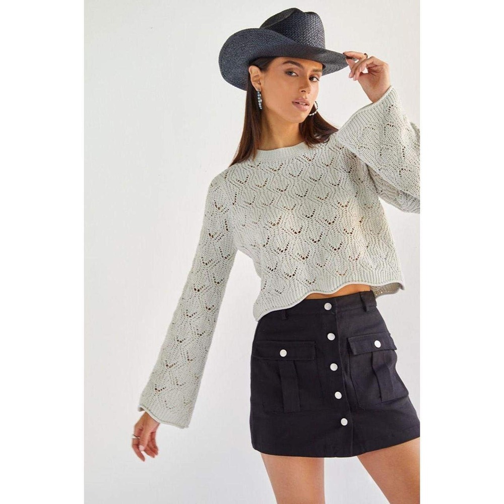 Blue Rain Open Knit Gray Cropped Sweater Scalloped Bell Sleeve Cottagecore XS